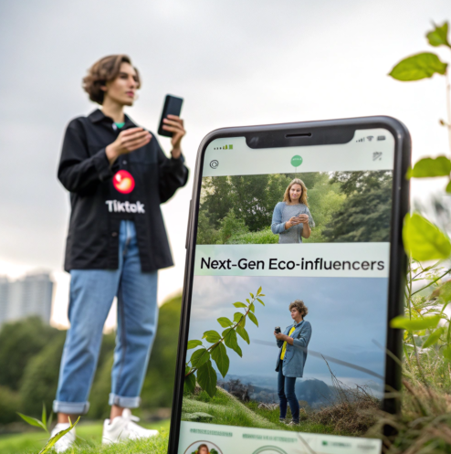 Young person using a smartphone with a large phone screen in the foreground showing a website about next-gen eco-influencers on TikTok, set in a green outdoor park.