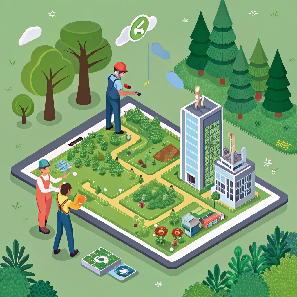 People interacting with a digital eco-city on a large tablet, managing forests, buildings, and resources in a multiplayer sustainability game