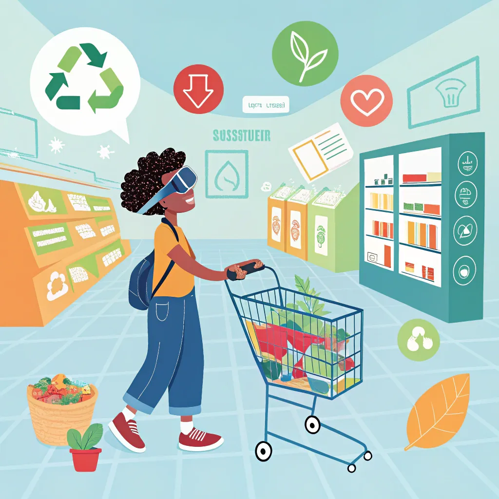 Child using a VR headset in a digital supermarket to make sustainable choices
