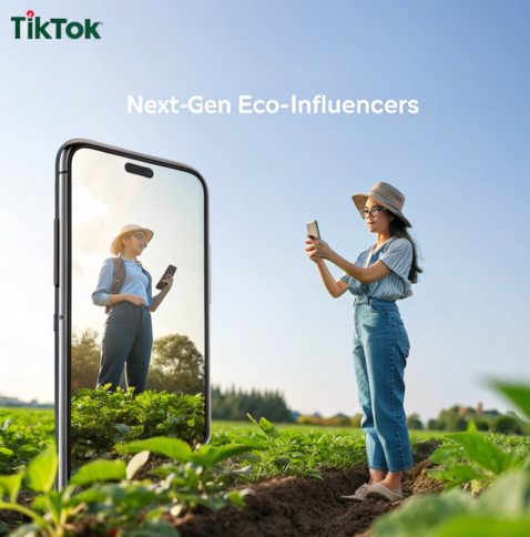 Young woman standing in a crop field using a smartphone, with a large phone screen beside her showing her mirrored image, under the title "Next-Gen Eco-Influencers" and TikTok branding.