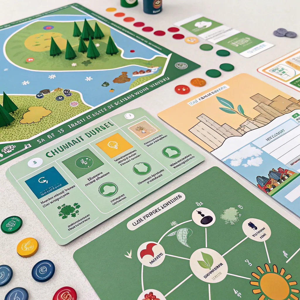 Eco-themed board game with cards, tokens, and diagrams teaching sustainable development and climate decision-making
