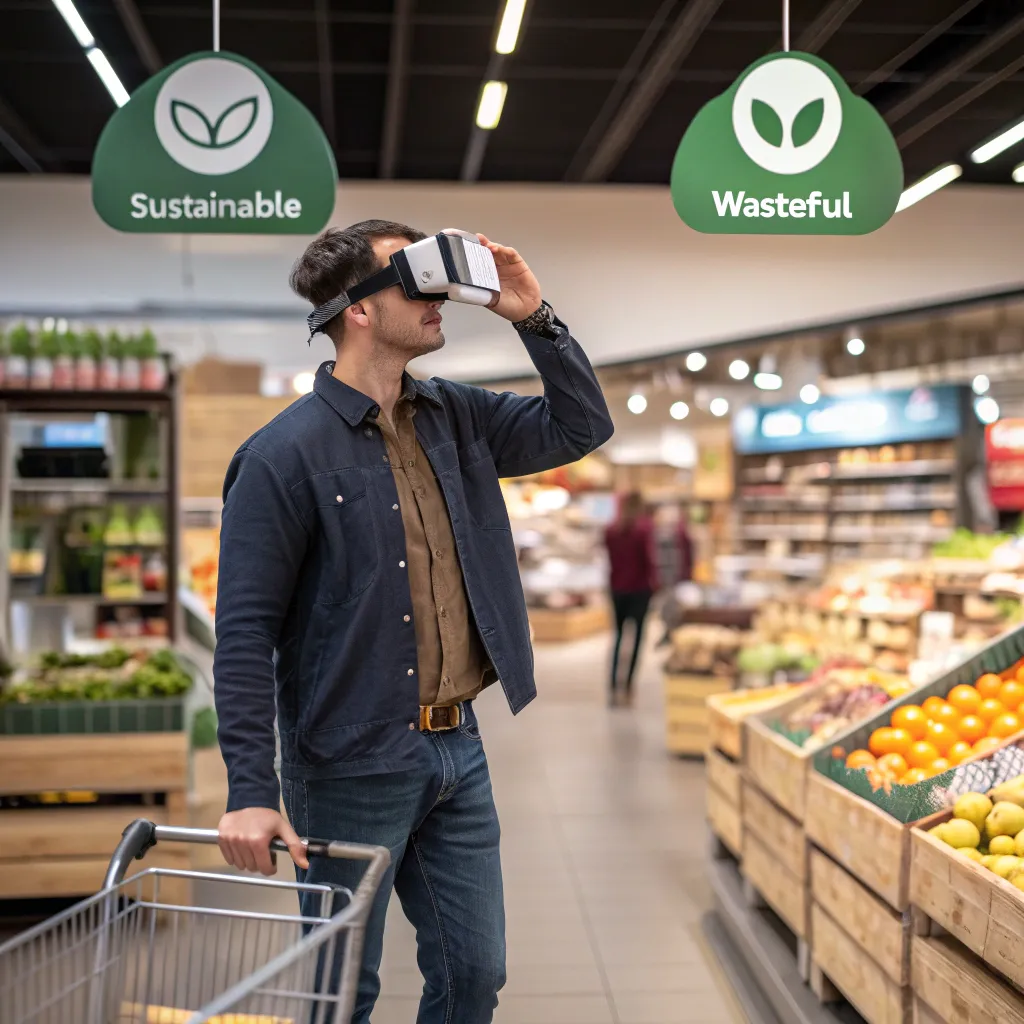 Man wearing VR headset in a supermarket, deciding between sustainable and wasteful food choices, simulating climate-friendly shopping behavior