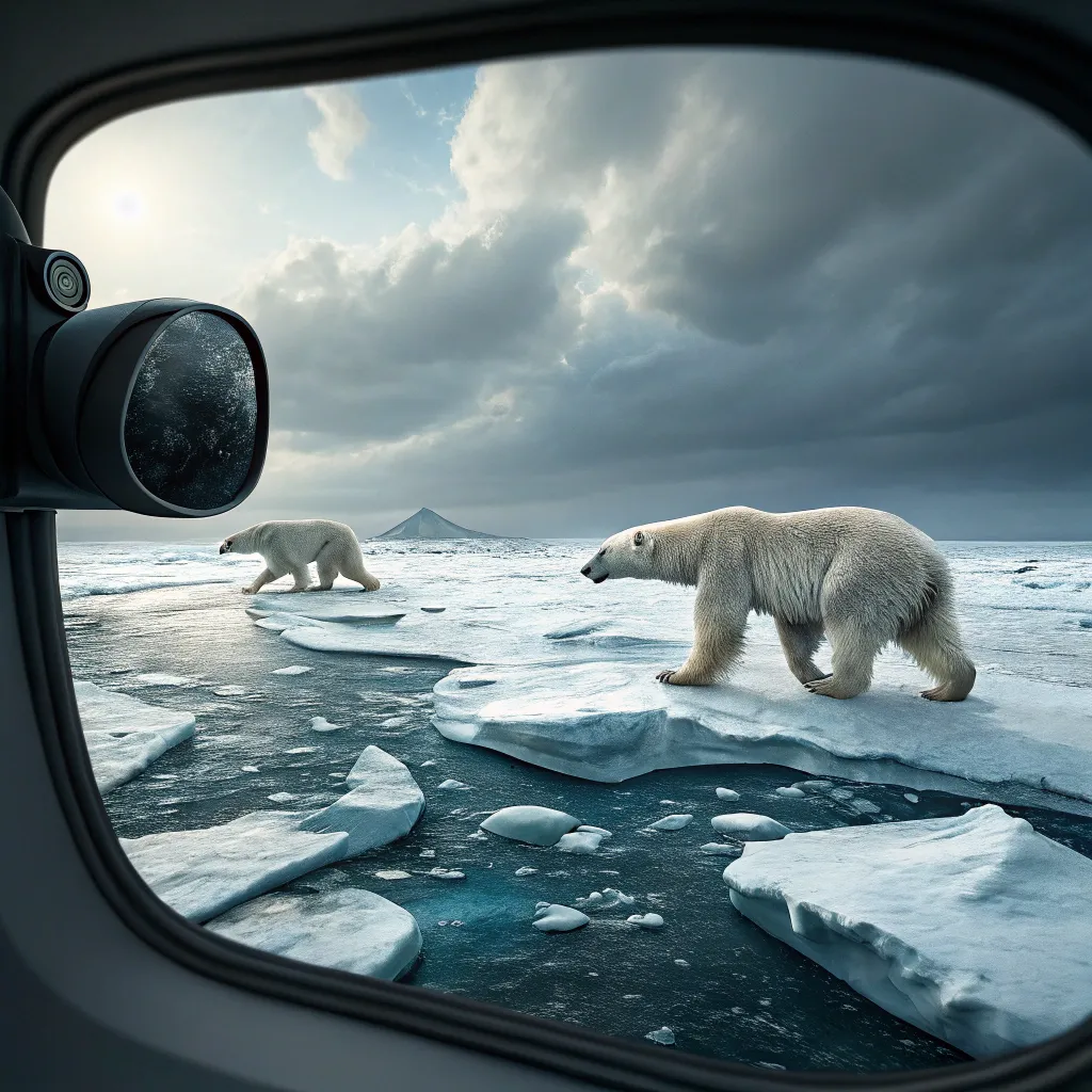 Virtual reality view of polar bears walking on melting ice in the Arctic