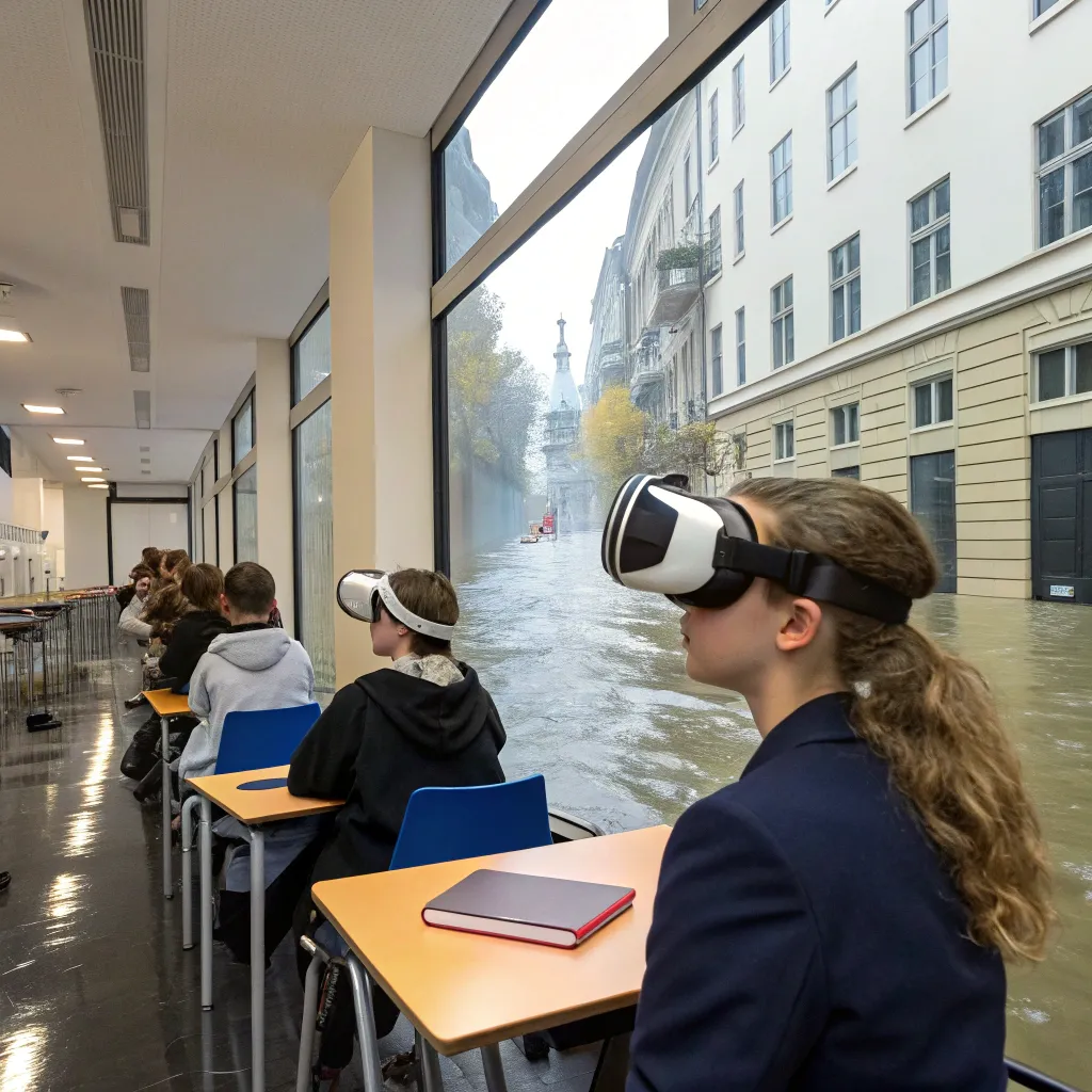 Students in a classroom using VR headsets to experience a climate change flood scenario